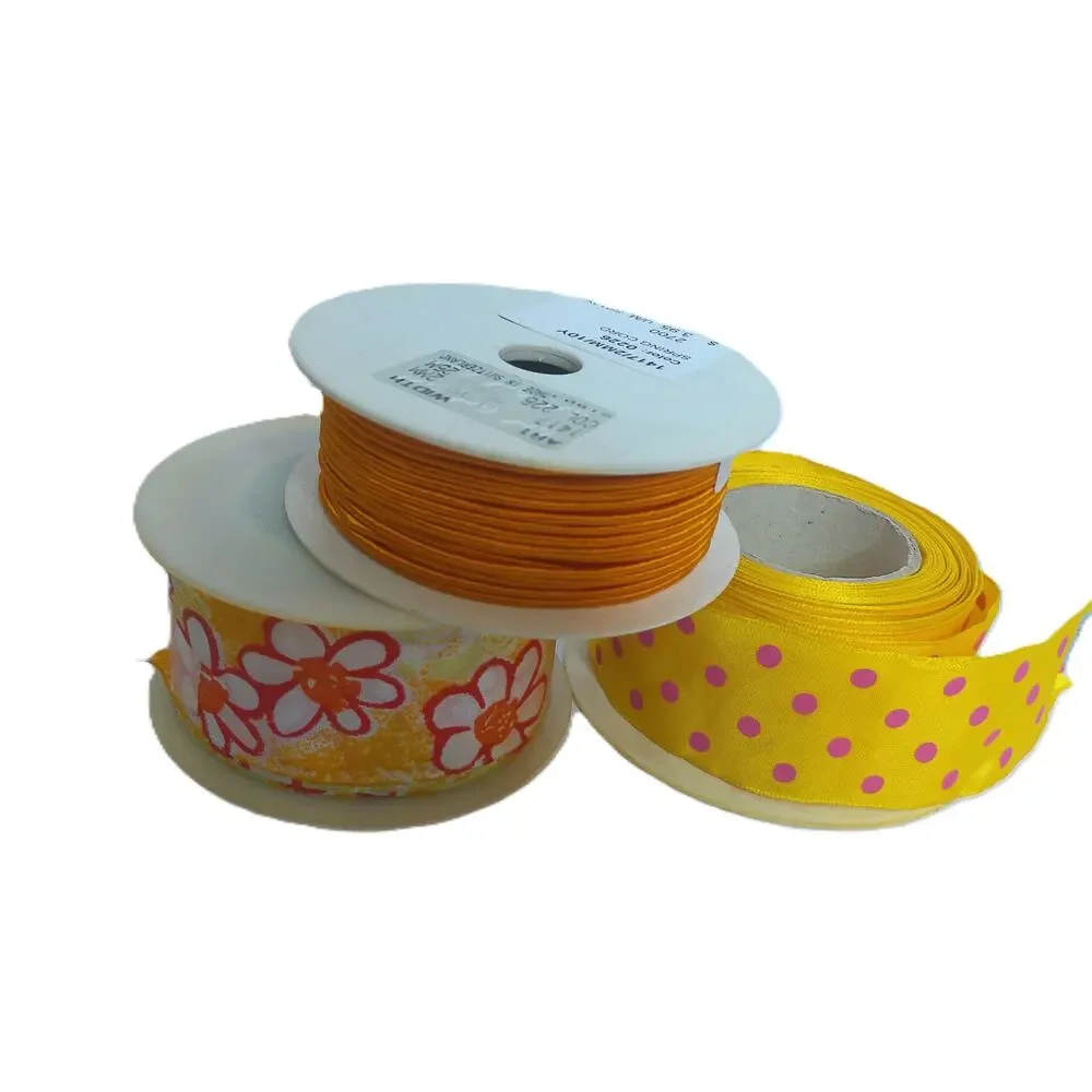 Vintage Orange Psychedelic Daisy Floral Polka Dot Cord Ribbon Rolls Set of 3